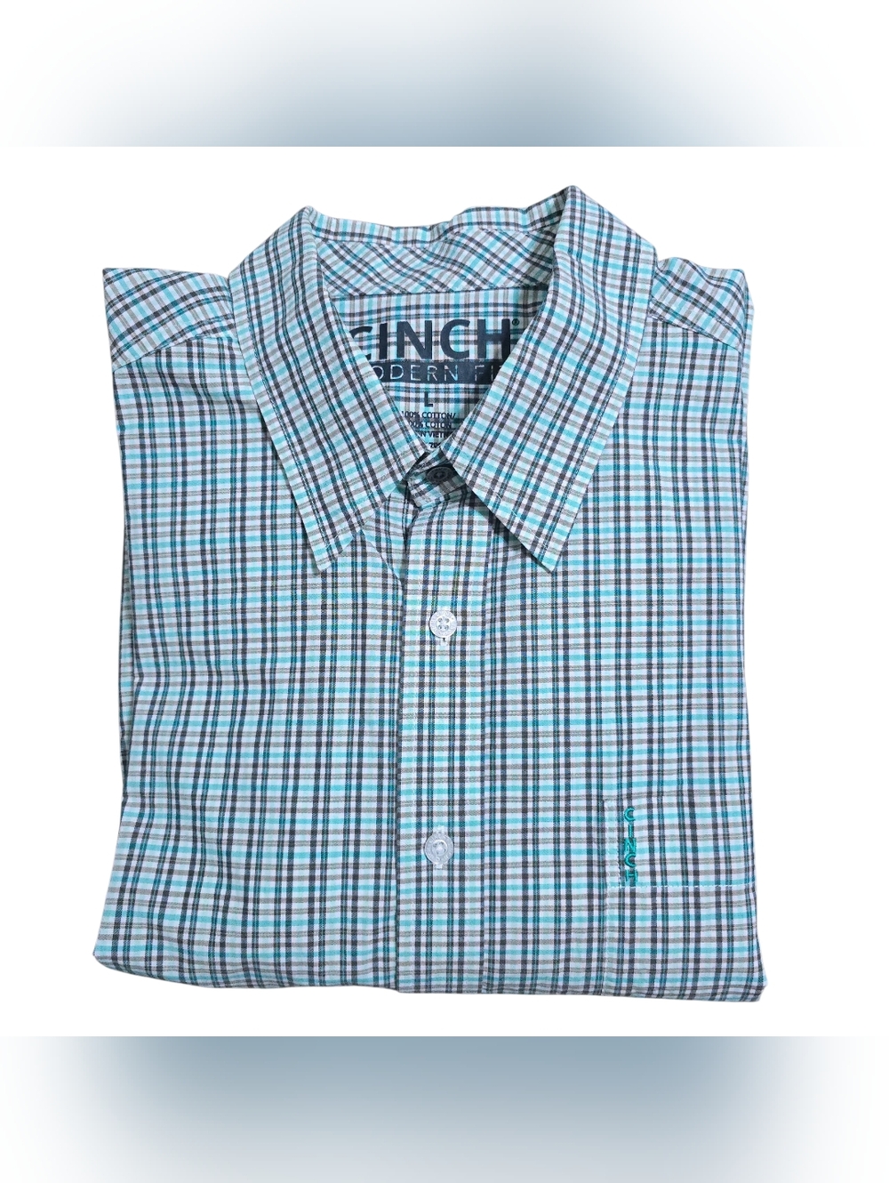 Cinch Modern Fit Blue Plaid Button-Down Shirt Size Large Teal Western Cowboy